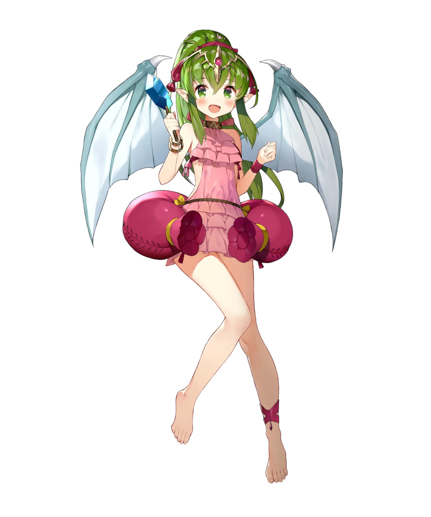 1girl artist_request chiki fire_emblem fire_emblem:_mystery_of_the_emblem fire_emblem_heroes food full_body green_eyes green_hair highres long_hair looking_at_viewer mamkute official_art open_mouth pointy_ears ponytail popsicle solo swimsuit tiara white_background wings