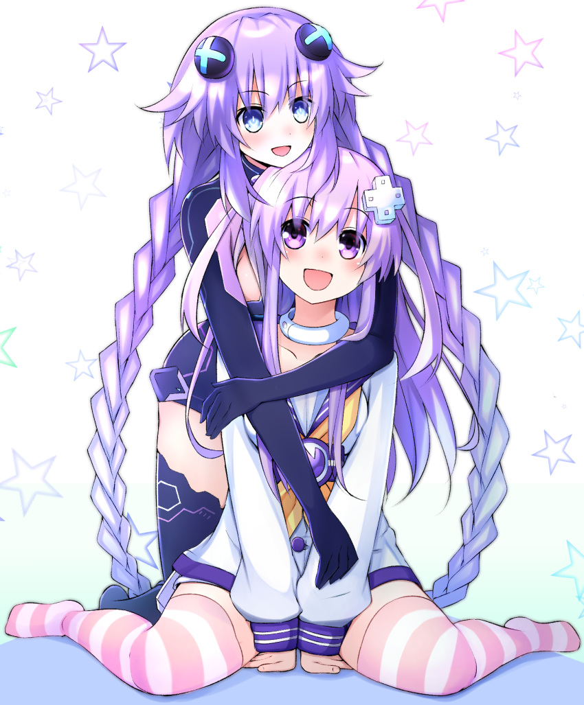 2girls :d blue_eyes blush braid choker cleavage_cutout collarbone d-pad d-pad_hair_ornament doria_(5073726) dress full_body hair_between_eyes hair_ornament highres hug hug_from_behind kneeling leotard long_hair looking_at_another looking_back multiple_girls nepgear neptune_(series) open_mouth power_symbol purple_hair purple_heart sailor_dress siblings sisters sitting smile star starry_background striped striped_legwear symbol-shaped_pupils twin_braids twintails very_long_hair violet_eyes wariza white_choker