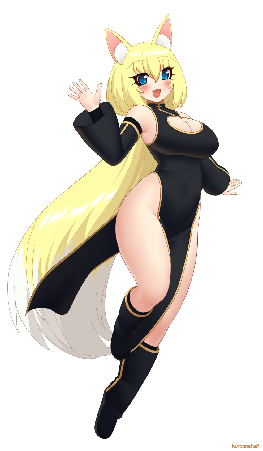 absurdres alice_(flanaki) animal_ears bare_shoulders blonde_hair blue_eyes breasts cleavage_cutout commission detached_sleeves eyebrows_visible_through_hair fang fox_ears full_body highres kuroonehalf large_breasts long_hair no_panties open_mouth original pelvic_curtain very_long_hair waving white_background