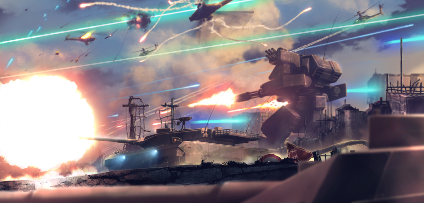 aircraft battle caterpillar_tracks clouds day evening fighting_stance ground_vehicle gun helicopter highres machine_gun mecha military military_vehicle motor_vehicle no_humans original rapama science_fiction sky tank weapon