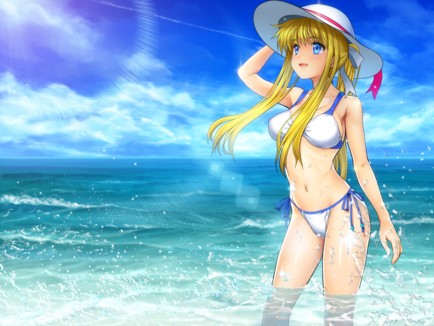 1girl air bikini blonde_hair blue_eyes blue_sky breasts day hand_on_headwear hat highres kamio_misuzu large_breasts lens_flare long_hair looking_to_the_side mutsuki_(moonknives) navel open_mouth sky solo standing swimsuit water white_bikini