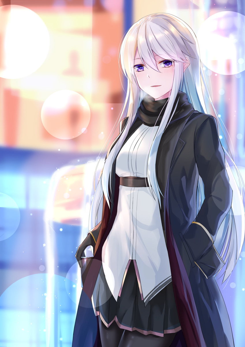 1girl azur_lane bangs black_coat black_legwear black_neckwear black_scarf blurry blush bokeh breasts breathing cowboy_shot cup depth_of_field enterprise_(azur_lane) eternity_(pixiv8012826) eyebrows_visible_through_hair eyes_visible_through_hair framed_breasts hand_in_pocket highres holding holding_cup large_breasts light_particles lights long_hair looking_at_viewer miniskirt necktie night open_mouth outdoors pantyhose scarf shirt sidelocks silver_hair skirt sleeveless sleeveless_shirt smile solo very_long_hair violet_eyes walking