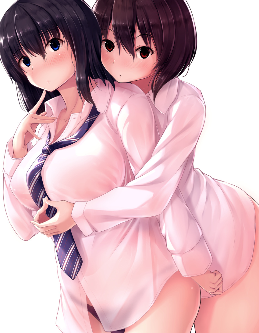 2girls bangs black_hair black_panties blue_eyes blue_neckwear blush breasts brown_hair closed_mouth collared_shirt commentary_request diagonal-striped_neckwear diagonal_stripes eyebrows_visible_through_hair fingernails hair_between_eyes highres hug hug_from_behind large_breasts long_hair long_sleeves multiple_girls necktie nicoby no_pants nose_blush original panties red_eyes shirt simple_background striped striped_neckwear underwear white_background white_shirt yuri