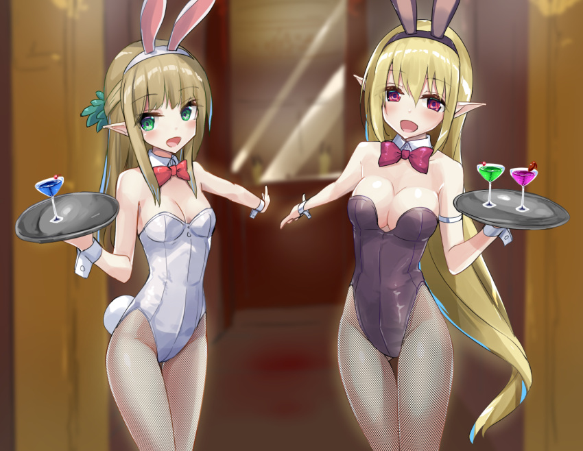 2girls animal_ears black_leotard blonde_hair breasts bunny_girl bunnysuit cowboy_shot cup drinking_glass elf fishnet_pantyhose fishnets gluteal_fold green_eyes leotard medium_breasts multiple_girls open_mouth original outstretched_arms pantyhose pointy_ears rabbit_ears red_eyes red_neckwear small_breasts smile standing strapless strapless_leotard tenrai thigh_gap tray upper_body white_leotard wine_glass