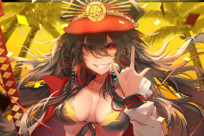 1girl \m/ bangs bikini black_bikini black_hair black_hat breasts commentary_request eyebrows_visible_through_hair family_crest fate/grand_order fate_(series) fingernails front-tie_bikini front-tie_top grin hair_between_eyes hat highres jacket koha-ace long_hair long_sleeves looking_at_viewer medium_breasts nail_polish oda_nobunaga_(fate) oda_nobunaga_(swimsuit_berserker)_(fate) oda_uri open_clothes open_jacket palm_tree peaked_cap red_eyes red_nails saihate_(d3) signature smile solo swimsuit tree v-shaped_eyebrows very_long_hair white_jacket