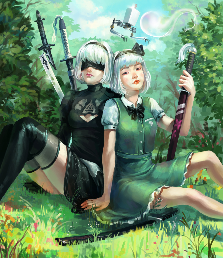 2girls blue_sky crossover day grass highres konpaku_youmu konpaku_youmu_(ghost) multiple_girls neonparrot nier_(series) nier_automata short_hair sky sword tagme touhou weapon white_hair yorha_no._2_type_b