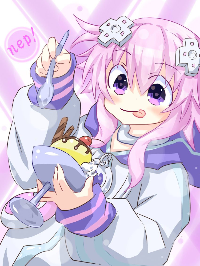 1girl absurdres choujigen_game_neptune d-pad d-pad_hair_ornament eyebrows_visible_through_hair food hair_ornament highres holding holding_spoon hood hooded_track_jacket jacket kazuneko_(wktk1024) long_sleeves neptune_(choujigen_game_neptune) neptune_(series) pudding purple_hair short_hair smile solo spoon tongue tongue_out track_jacket violet_eyes