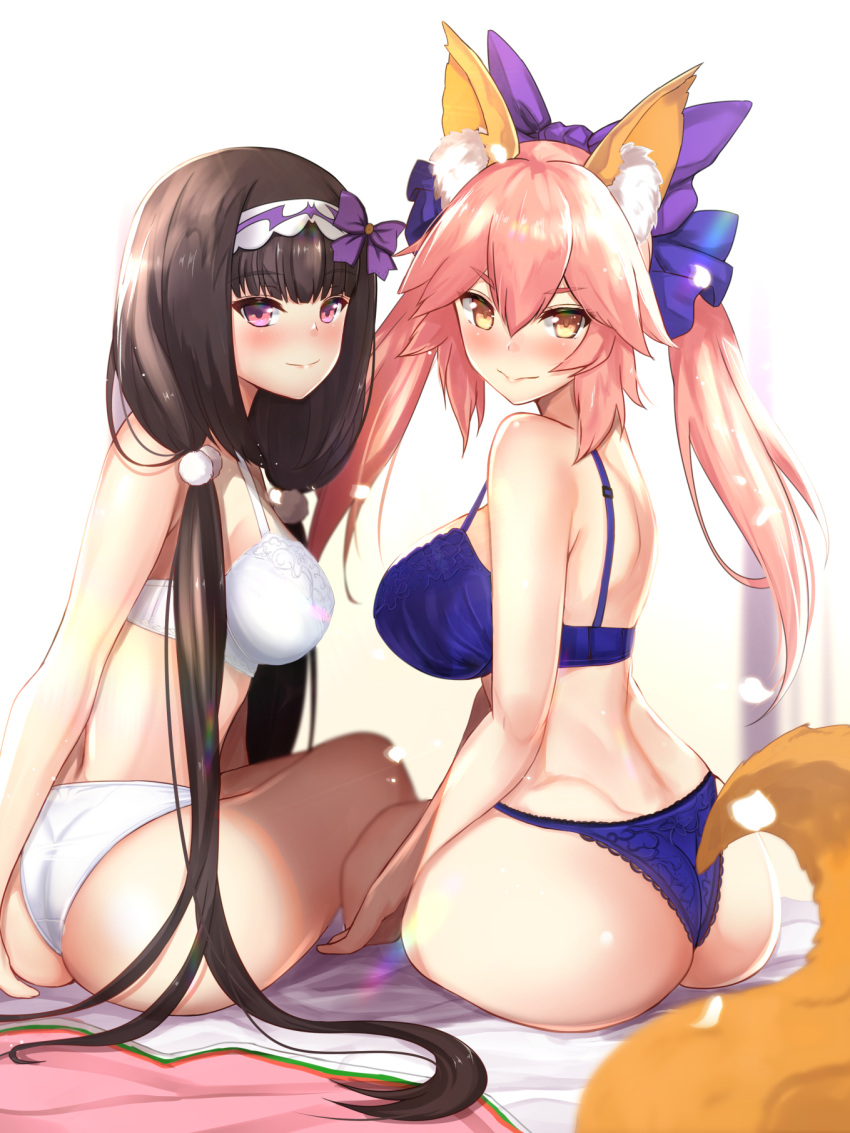 2girls animal_ears ass back bangs bare_shoulders black_ribbon blue_bra blue_panties blush bow bra breasts brown_hair closed_mouth fate/extra fate/grand_order fate_(series) fox_ears fox_tail hair_between_eyes hair_bow hair_ribbon hairband highres large_breasts long_hair looking_at_viewer looking_back low_twintails multiple_girls osakabe-hime_(fate/grand_order) panties pink_hair purple_bow ribbon sidelocks simple_background sitting smile tail tamamo_(fate)_(all) tamamo_no_mae_(fate) thighs twintails underwear untsue very_long_hair violet_eyes waist white_background white_bra white_panties yellow_eyes