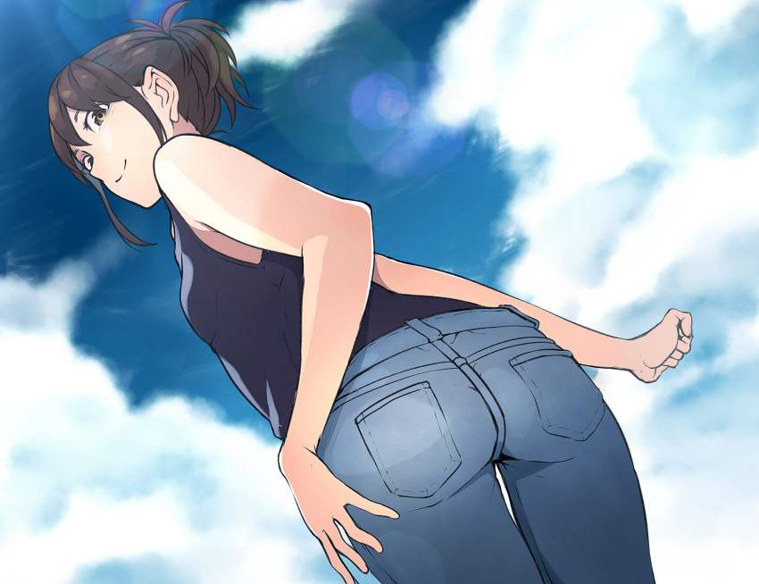 1girl ass brown_hair casual denim from_behind gintama highres jeans kobaji looking_at_viewer looking_back looking_down pants shimura_tae solo tank_top