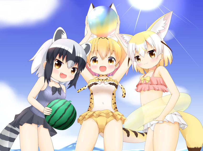 3girls :d adapted_costume animal_ears ball bare_arms bare_shoulders beachball black_hair blonde_hair blush breasts brown_eyes casual_one-piece_swimsuit commentary_request common_raccoon_(kemono_friends) covered_navel fang fennec_(kemono_friends) fox_ears fox_girl fox_tail highres holding holding_ball innertube kemono_friends looking_at_viewer medium_breasts multicolored_hair multiple_girls navel one-piece_swimsuit open_mouth pink_bikini_top purple_swimsuit raccoon_ears raccoon_girl raccoon_tail serval_(kemono_friends) serval_ears serval_print serval_tail shin01571 silver_hair small_breasts smile standing swimsuit tail transparent two-tone_hair white_bikini_bottom white_hair white_swimsuit yellow_innertube