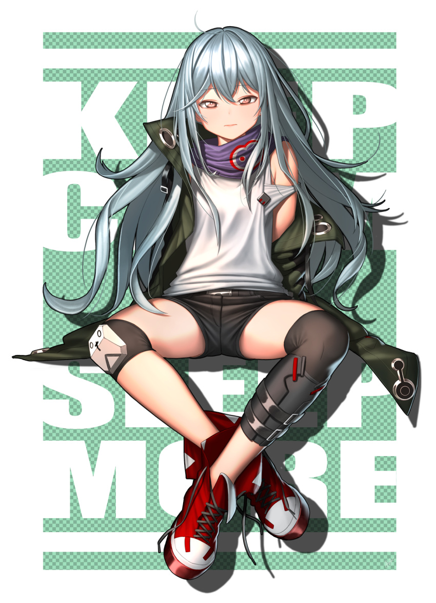 1girl ahd ahoge bangs bare_shoulders black_shorts boots brown_eyes checkered checkered_background closed_mouth eyebrows_visible_through_hair g11_(girls_frontline) girls_frontline green_jacket hair_between_eyes head_tilt highres jacket long_hair long_sleeves looking_at_viewer off_shoulder open_clothes open_jacket red_footwear shirt short_shorts shorts silver_hair sitting sleeveless sleeveless_shirt sleeves_past_fingers sleeves_past_wrists solo very_long_hair white_shirt