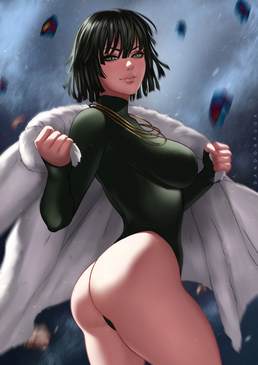 1girl absurdres artist_name ass black_hair breasts dandon_fuga dress eyeliner fubuki_(one-punch_man) fur_coat green_eyes green_leotard grin highres jewelry large_breasts leotard lips long_sleeves looking_at_viewer looking_back makeup necklace nose one-punch_man scan short_hair smile solo standing telekinesis thick_thighs thighs white_coat
