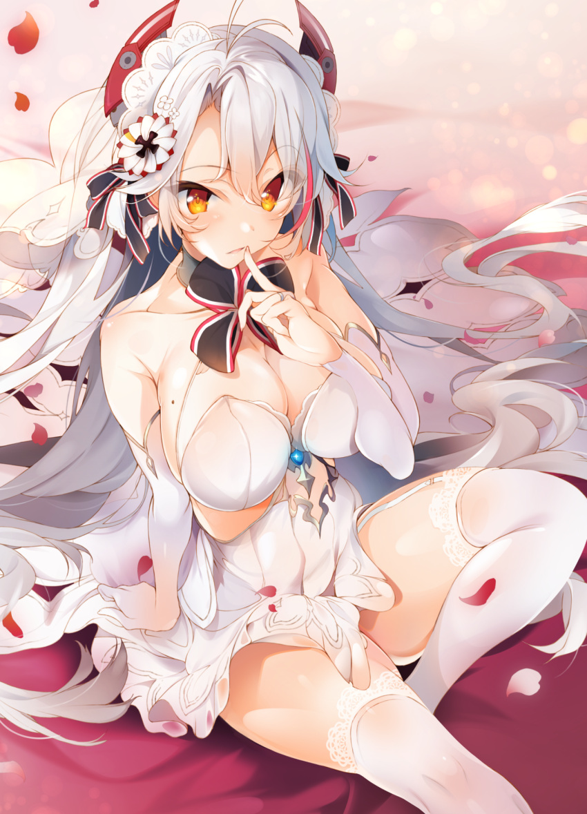 1girl alternate_costume ankle_ribbon antenna_hair arm_support ass azur_lane bangs bare_shoulders blurry blush bokeh breasts bridal_gauntlets bridal_veil brown_eyes cleavage closed_mouth collarbone depth_of_field dress eyebrows_visible_through_hair eyes_visible_through_hair finger_to_mouth flower garter_straps gloves hair_between_eyes hair_ornament half-closed_eyes headgear highres iron_cross kisaragi_kiriha knee_up knees_up large_breasts legs_crossed long_hair looking_at_viewer mole mole_on_breast multicolored_hair no_bra open_mouth panties petals prinz_eugen_(azur_lane) redhead ribbon rose see-through silver_hair sitting skindentation smile solo thigh-highs thighs two_side_up underwear veil very_long_hair wedding_dress white_dress white_flower white_footwear white_gloves white_hair white_legwear white_panties