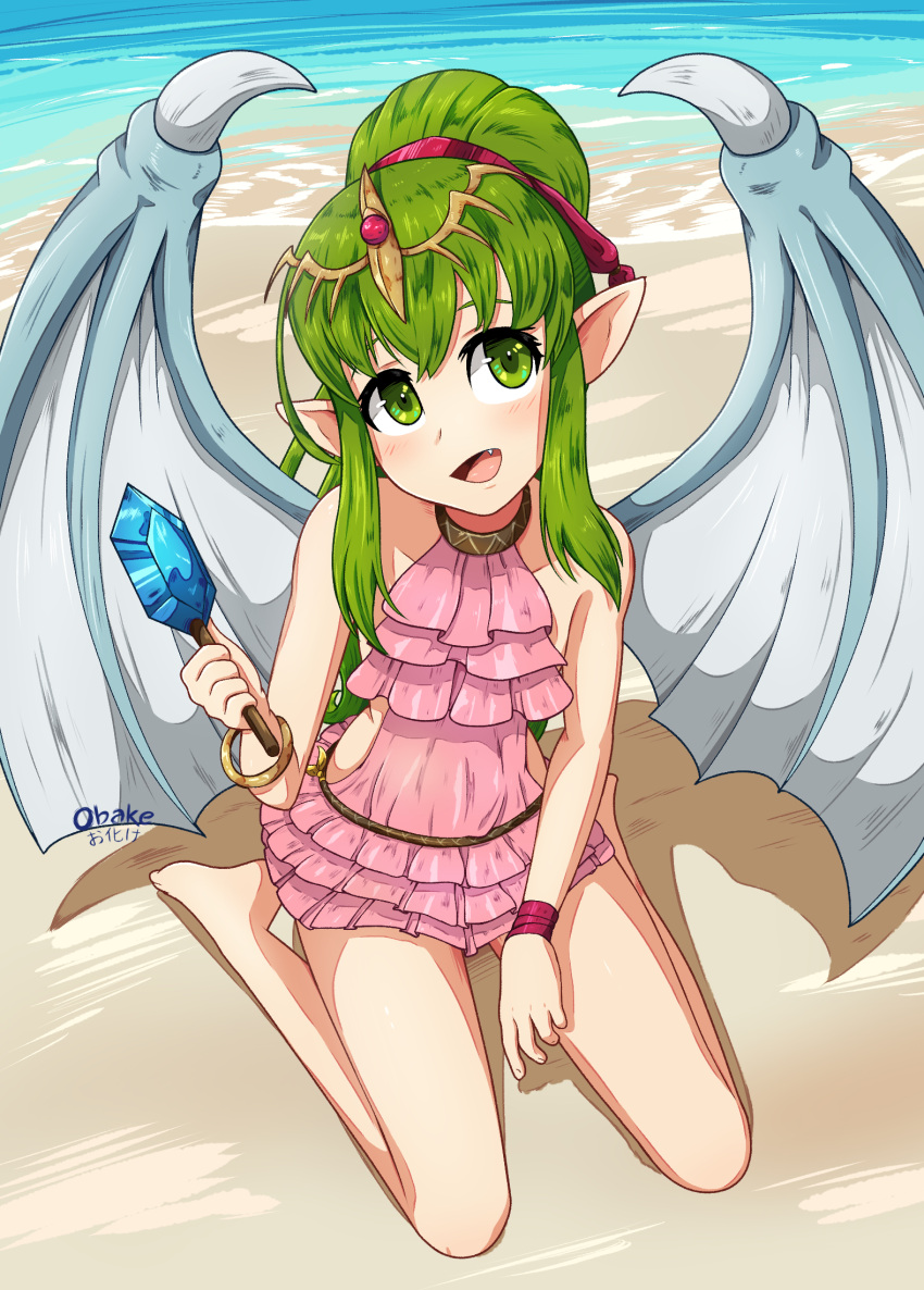 1girl artist_name beach bracelet chiki day dragon_wings fang fire_emblem fire_emblem:_mystery_of_the_emblem fire_emblem_heroes food green_eyes green_hair hair_ribbon highres jewelry long_hair mamkute obakeart open_mouth pink_swimsuit pointy_ears ponytail popsicle red_ribbon ribbon sitting solo swimsuit tiara water wings wristband