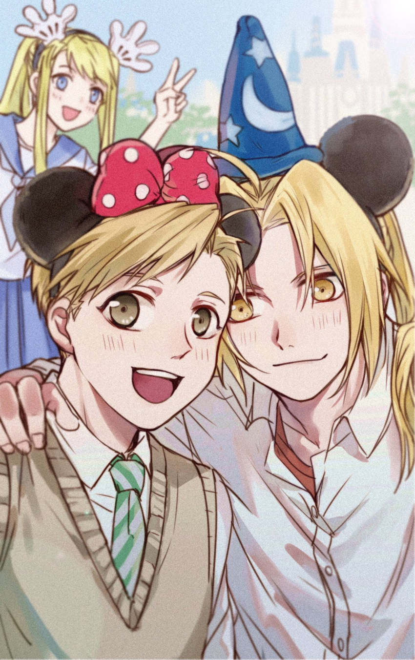 1girl 2boys :d alphonse_elric bangs blonde_hair blue_eyes blue_hat blurry blush brothers brown_eyes castle close-up cosplay day depth_of_field disney disneyland edward_elric eyebrows_visible_through_hair fingernails fullmetal_alchemist gloves hair_ribbon hands_on_another's_shoulders happy hat highres long_hair looking_at_another looking_at_viewer mickey_mouse mickey_mouse_(cosplay) mickey_mouse_ears minnie_mouse minnie_mouse_(cosplay) multiple_boys necktie open_mouth outdoors red_ribbon ribbon school_uniform shirt short_hair siblings smile upper_body v vest white_gloves white_shirt winry_rockbell yellow_eyes