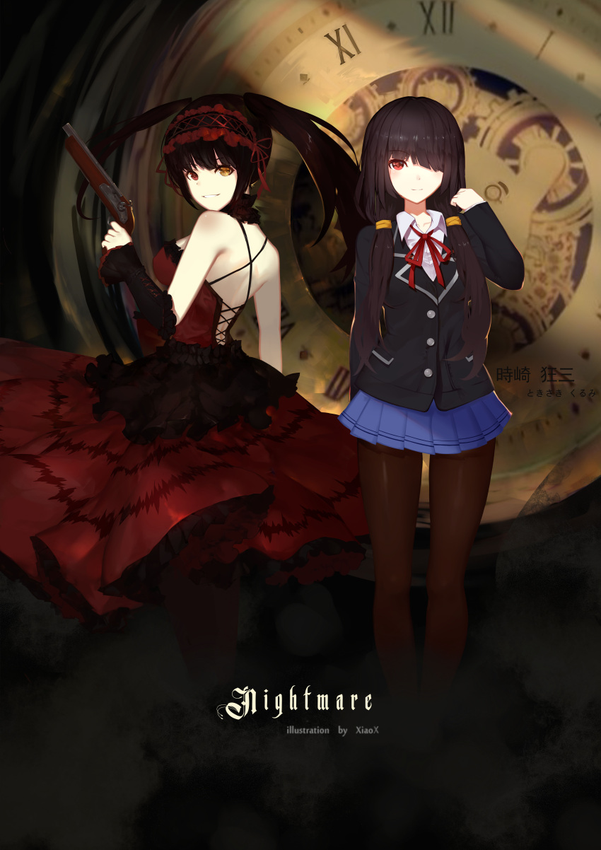 absurdres asymmetrical_hair bare_shoulders black_hair black_jacket black_legwear blue_skirt breasts clock_eyes clockwork date_a_live detached_sleeves dress dual_persona gothic_lolita grin gun hair_over_one_eye hairband heterochromia highres holding holding_gun holding_weapon jacket lolita_fashion lolita_hairband looking_at_viewer looking_back medium_breasts pantyhose pleated_skirt red_dress red_eyes roman_numerals school_uniform skirt smile symbol-shaped_pupils tokisaki_kurumi twintails weapon xiaoxiao yellow_eyes