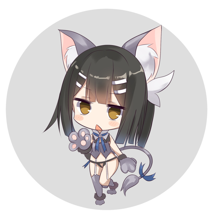 1girl :&lt; animal_ears bangs bare_shoulders bell black_hair black_panties blue_ribbon brown_eyes chibi commentary_request eyebrows_visible_through_hair fate/kaleid_liner_prisma_illya fate_(series) garter_straps gloves grey_background grey_legwear hair_ornament hairclip head_tilt highres jingle_bell looking_at_viewer miyu_edelfelt natsu_(sinker8c) panties parted_lips paw_gloves paw_shoes paws ribbon shoes solo standing standing_on_one_leg tail tail_ribbon thigh-highs triangle_mouth two-tone_background underwear white_background