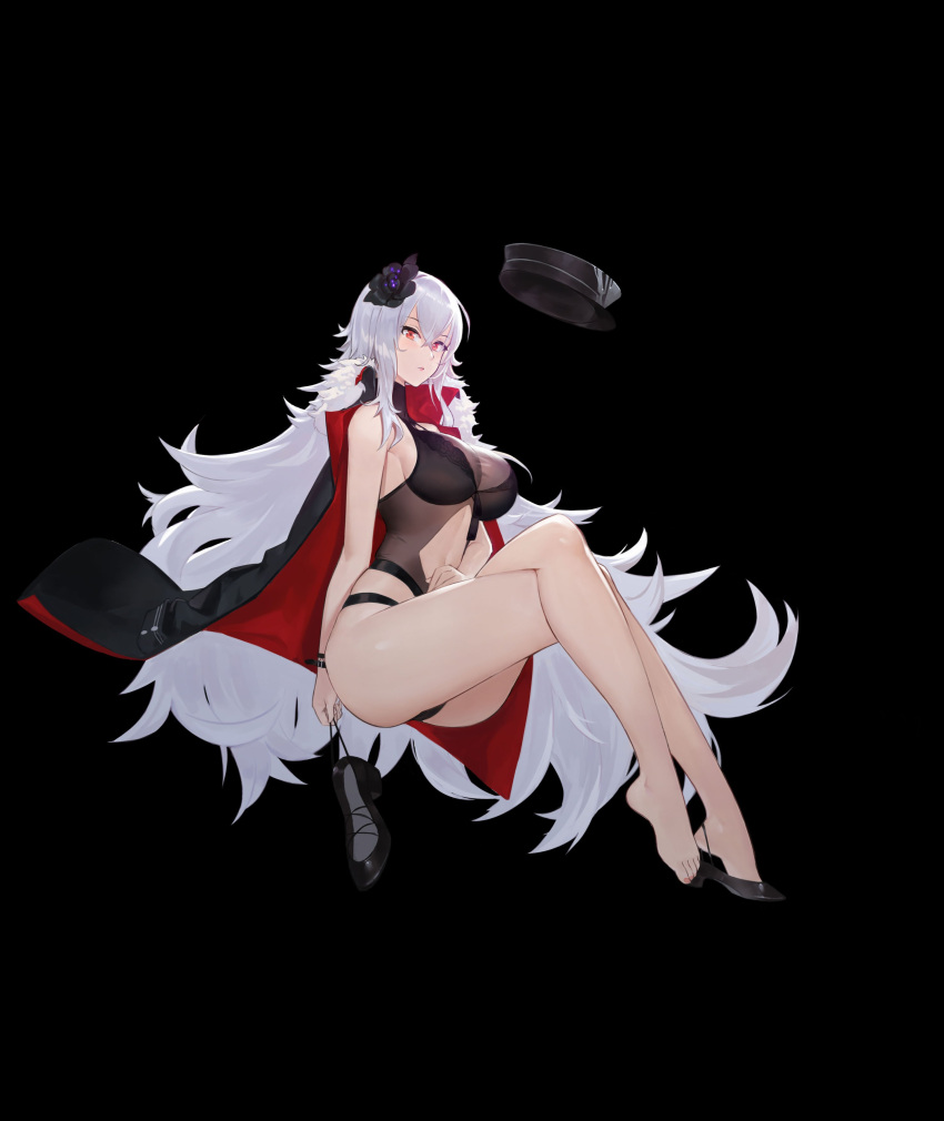 1girl absurdres arm_at_side azur_lane bare_legs barefoot black_background breasts center_opening cleavage duan_henglong flower full_body graf_zeppelin_(azur_lane) hair_between_eyes hair_flower hair_ornament halter_top halterneck hand_on_lap hat hat_removed headwear_removed highres impossible_clothes impossible_swimsuit jacket_on_shoulders large_breasts legs_crossed lips long_hair looking_at_viewer one-piece_swimsuit red_eyes see-through shoe_removed sidelocks silver_hair simple_background solo swimsuit very_long_hair