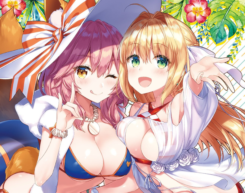 2girls animal_ears bangs bikini bikini_top blonde_hair blue_bikini blush breast_press breasts brown_eyes cleavage collarbone commentary_request criss-cross_halter eyebrows_visible_through_hair fate/grand_order fate_(series) fingernails flower fox_ears fox_tail green_eyes halterneck hat hood hood_down jewelry large_breasts looking_at_viewer masuishi_kinoto multiple_girls necklace nero_claudius_(fate)_(all) nero_claudius_(swimsuit_caster)_(fate) one_eye_closed open_mouth outstretched_hand pink_hair ribbon see-through shiny shiny_hair simple_background smile striped striped_bikini swimsuit tail tamamo_(fate)_(all) tamamo_no_mae_(fate) tamamo_no_mae_(swimsuit_lancer)_(fate) tongue tongue_out upper_body