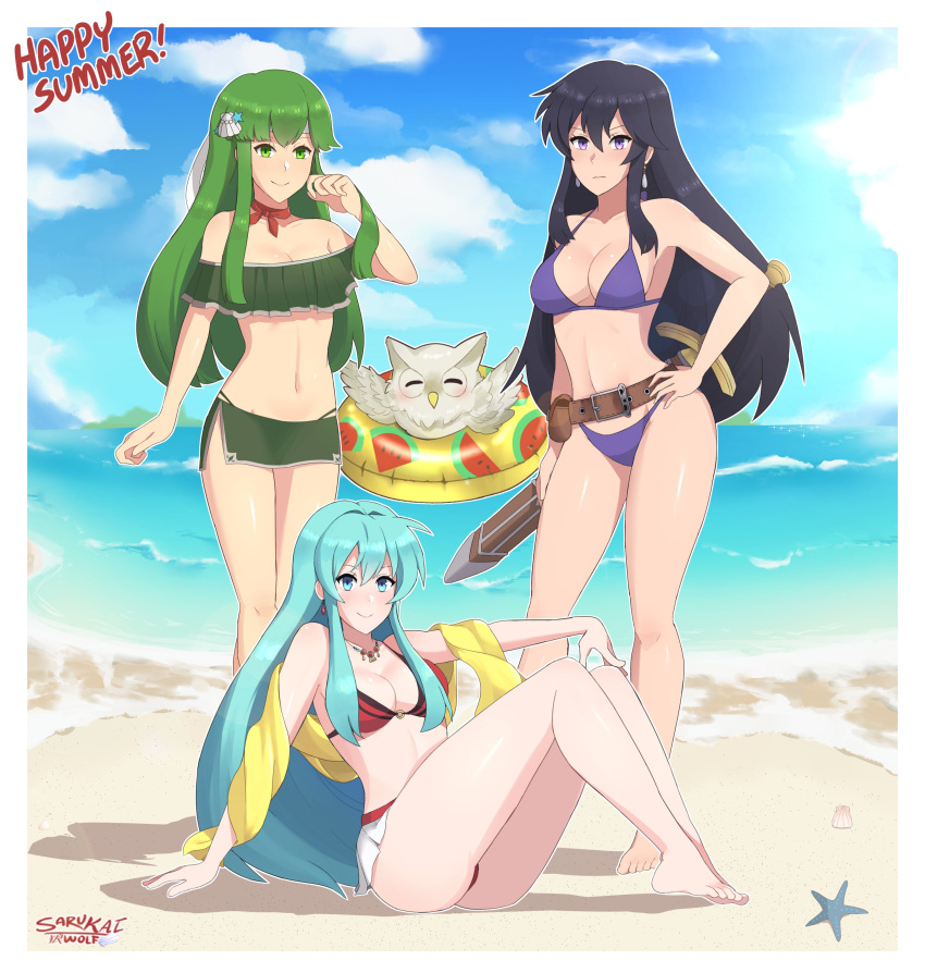 3girls absurdres aira_(fire_emblem) aqua_hair astrid_(fire_emblem) beach bikini bird black_hair blush breasts eirika feh_(fire_emblem_heroes) female_my_unit_(fire_emblem:_kakusei) female_my_unit_(fire_emblem:_kakusei)_(cosplay) fire_emblem fire_emblem:_mystery_of_the_emblem fire_emblem:_seima_no_kouseki fire_emblem:_seisen_no_keifu fire_emblem_heroes fruit_print full_body green_eyes green_hair headband highres long_hair looking_at_viewer multiple_girls my_unit_(fire_emblem:_kakusei) my_unit_(fire_emblem:_kakusei)_(cosplay) navel owl paola sarukaiwolf smile swimsuit sword watermelon_print weapon