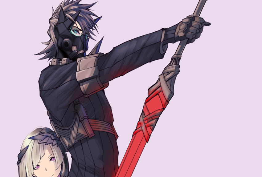1boy 1girl absurdres asil bangs black_hair blue_eyes blunt_bangs brynhildr_(fate) fate/grand_order fate_(series) glasses gloves grey_hair highres holding holding_sword holding_weapon looking_at_viewer mask messy_hair multicolored_hair purple_background reverse_grip sigurd_(fate/grand_order) simple_background smile sword two-tone_hair upper_body violet_eyes weapon white_hair