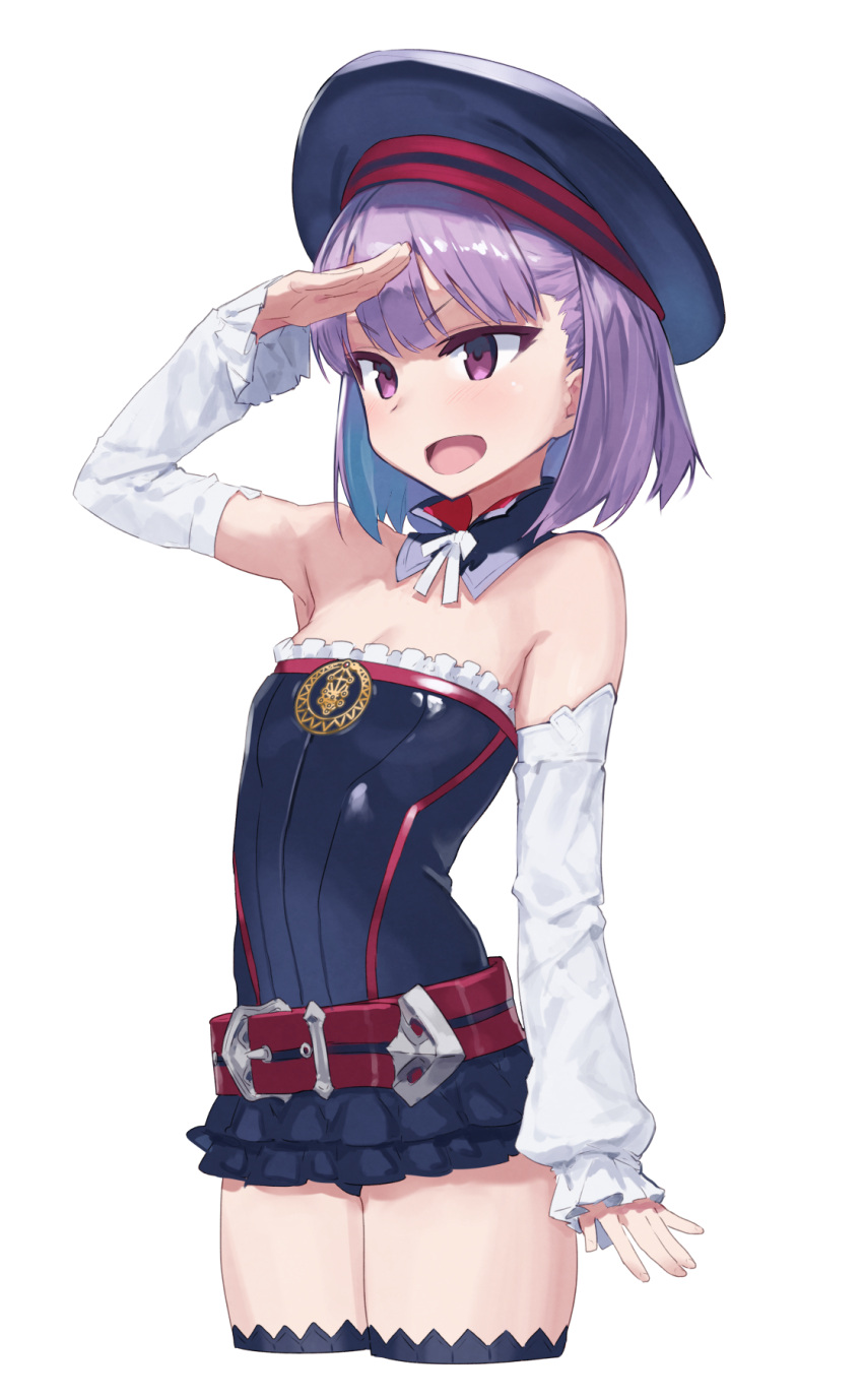 1girl :d arm_at_side bangs bare_shoulders belt belt_buckle beret black_collar black_dress black_hat black_legwear blush bow breasts buckle cleavage cowboy_shot cropped_legs detached_collar detached_sleeves dress eyebrows_visible_through_hair fate/grand_order fate_(series) fingernails hat helena_blavatsky_(fate/grand_order) highres kylin long_sleeves looking_away open_mouth purple_hair red_belt salute short_dress short_hair simple_background sleeves_past_wrists small_breasts smile solo strapless strapless_dress thigh-highs tree_of_life violet_eyes white_background white_bow
