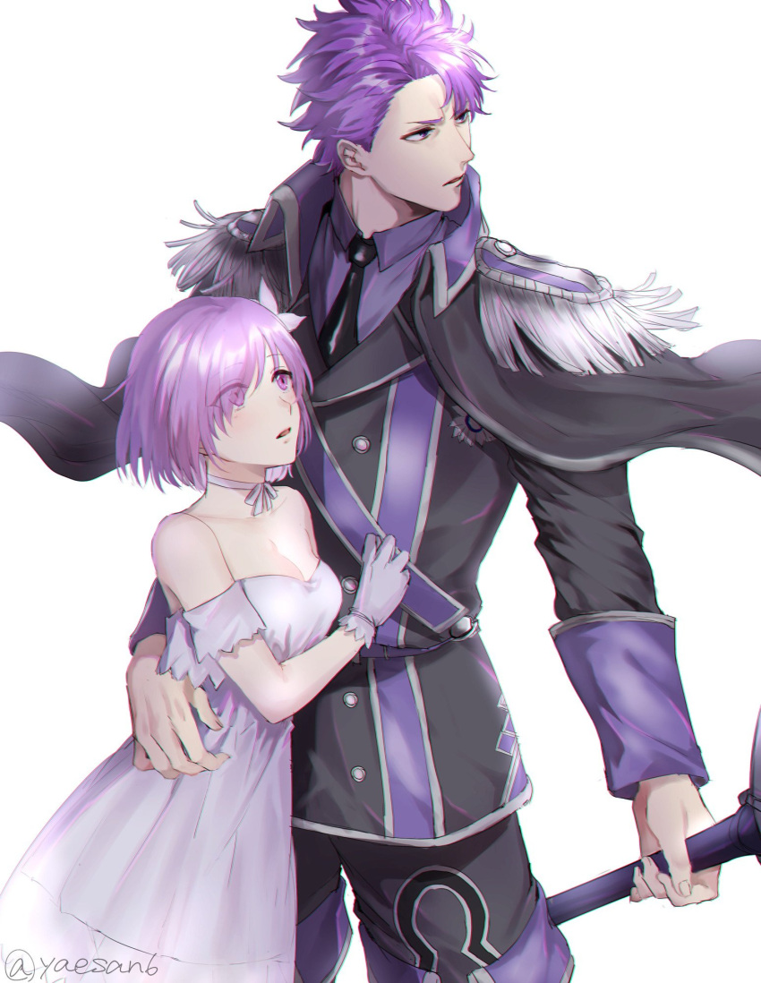 1boy 1girl alternate_costume bare_shoulders breasts cleavage commentary_request dress fate/grand_order fate_(series) gloves hair_over_one_eye highres holding holding_sword holding_weapon lancelot_(fate/grand_order) long_sleeves looking_at_another mash_kyrielight purple_hair short_hair sword twitter_username violet_eyes weapon white_dress white_gloves yaesan6
