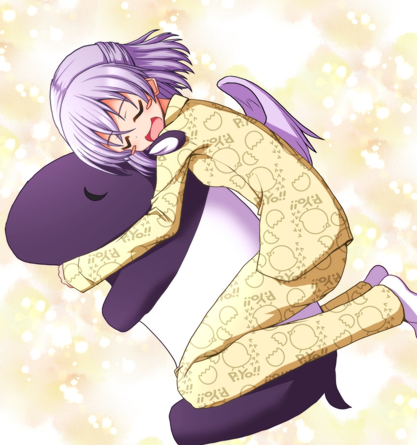 1girl :d absurdres animal animal_print blush_stickers chick_print closed_eyes eyebrows_visible_through_hair hair_between_eyes highres hug huge_filesize kishin_sagume long_sleeves open_mouth pajamas pants short_hair silver_hair silver_wings single_wing sleepwear smile socks solo tapir teoi_(good_chaos) touhou white_legwear wing_collar wings yellow_background yellow_pajamas yellow_pants