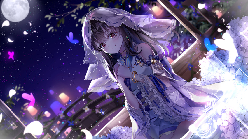 1girl bangs black_hair blush breasts bug butterfly commentary_request detached_sleeves dutch_angle eyebrows_visible_through_hair flower frilled_skirt frills fujiwara_hajime full_moon hands_together idolmaster idolmaster_cinderella_girls insect lantern lium long_hair looking_at_viewer moon night obi outdoors paper_lantern petals red_eyes ribbon-trimmed_sleeves ribbon_trim sash sitting skirt smile solo veil