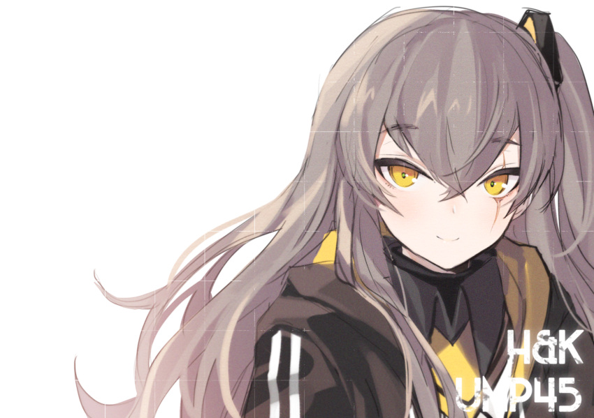 1girl armband bangs blush character_name closed_mouth crossed_bangs eyebrows_visible_through_hair girls_frontline grey_hair hair_between_eyes hair_ornament highres hood hood_down hooded_jacket jacket jingo long_hair looking_at_viewer one_side_up open_clothes open_jacket scar scar_across_eye scarf shirt sidelocks simple_background smile solo ump45_(girls_frontline) upper_body yellow_eyes