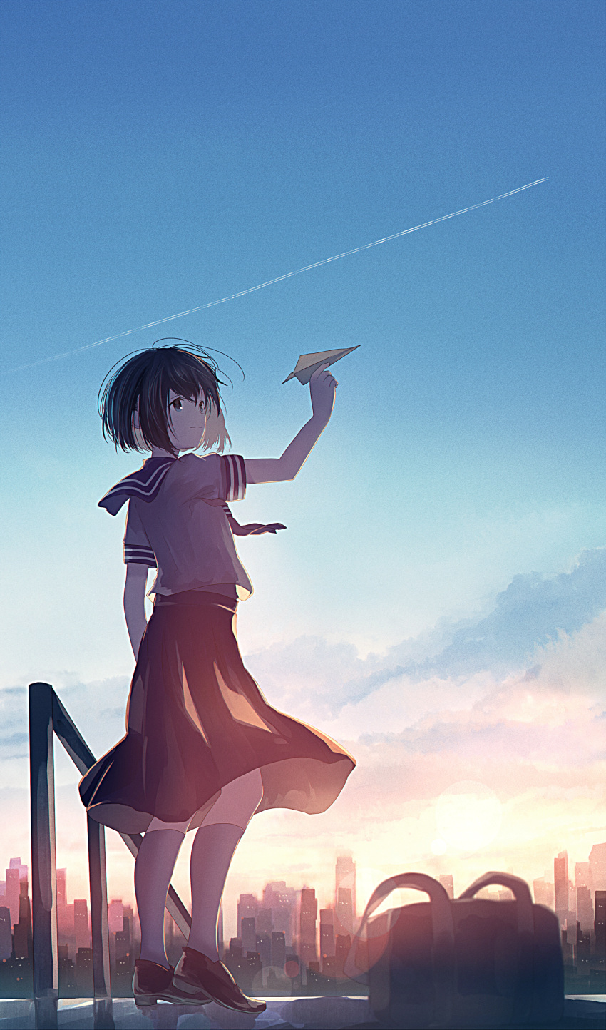 1girl absurdres bag bangs black_hair blue_eyes bob_cut commentary_request condensation_trail dusk highres holding kneehighs medium_skirt mifuru neckerchief original outdoors paper_airplane railing school_bag school_uniform serafuku shoes short_hair short_sleeves sky skyline solo standing