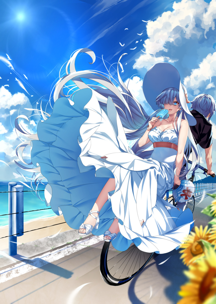 1boy 1girl anastasia_(fate/grand_order) bangle bangs bare_arms bare_shoulders beach bicycle black_shirt blue_eyes blue_sky blurry blurry_foreground bracelet breasts cleavage clouds cloudy_sky collarbone commentary_request day depth_of_field dress eyebrows_visible_through_hair fan fate/grand_order fate_(series) fingernails flower food ground_vehicle hair_over_one_eye hamada_pochiwo high_heels highres holding holding_fan holding_food horizon jewelry kadoc_zemlupus long_hair medium_breasts multiple_riders ocean outdoors paper_fan popsicle sand sandals shirt short_sleeves silver_hair sky strapless strapless_dress sunflower tongue tongue_out very_long_hair water white_dress white_footwear yellow_flower