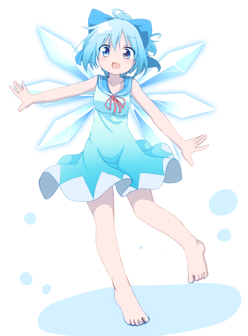 1girl :d adapted_costume barefoot blue_bow blue_eyes blue_hair bow cirno do_(4-rt) dress eyebrows_visible_through_hair fang full_body hair_bow highres ice ice_wings looking_at_viewer open_mouth outstretched_arm sailor_dress short_hair simple_background sleeveless sleeveless_dress smile solo touhou white_background wings