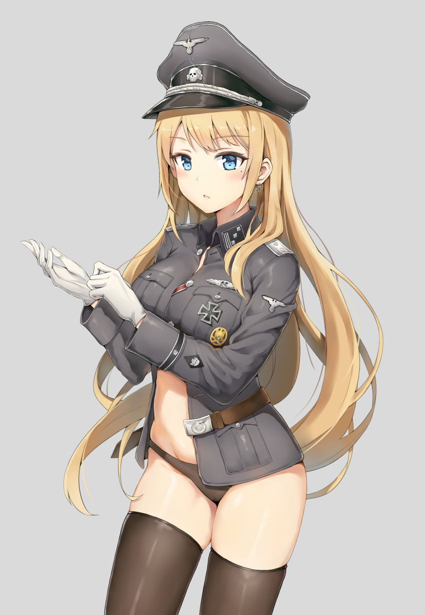 1girl absurdres belt black_panties blonde_hair blue_eyes blush collared_shirt eyebrows_visible_through_hair gloves grey_hat highres iron_cross long_hair long_sleeves looking_at_viewer mole mole_under_eye original panties parted_lips shirt solo thigh-highs underwear unicron_(brous) very_long_hair white_gloves