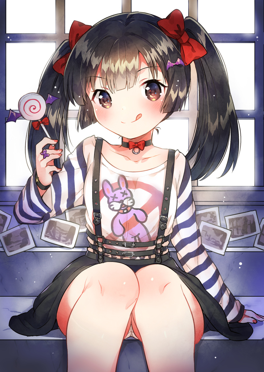 1girl :q absurdres arm_support bat_hair_ornament black_choker black_hair black_skirt blush bow brown_eyes candy choker closed_mouth collarbone day fingernails food hair_bow hair_ornament head_tilt highres holding holding_food holding_lollipop ichihaya jewelry lollipop long_hair long_sleeves looking_at_viewer nail_polish original panties pantyshot pantyshot_(sitting) print_shirt red_bow red_nails ring shirt sitting skirt sleeves_past_wrists smile solo striped sunlight suspender_skirt suspenders swirl_lollipop tongue tongue_out twintails underwear white_panties white_shirt window