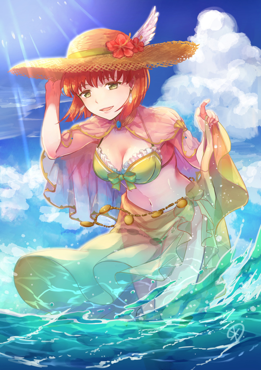 1girl bikini blue_sky breasts cleavage clouds day earrings fire_emblem fire_emblem:_rekka_no_ken fire_emblem_heroes flower green_eyes hand_on_headwear hat hat_flower highres jewelry medium_breasts midriff navel parted_lips priscilla_(fire_emblem) redhead see-through short_hair sky solo straw_hat swimsuit water yukimiyuki