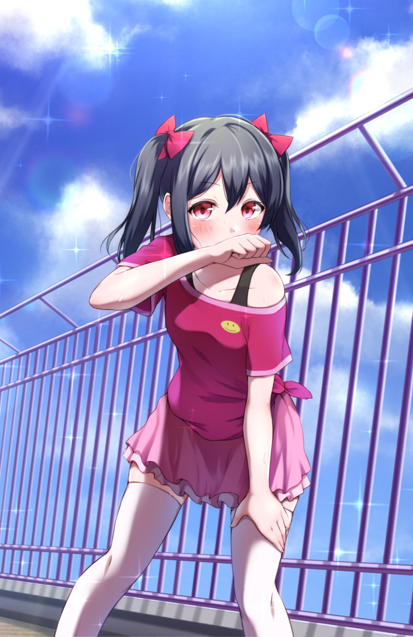1girl black_hair blue_sky blush bow clouds collarbone commentary_request covering_mouth eyebrows_visible_through_hair hair_bow hand_on_own_thigh highres hitotsuki_no_yagi looking_at_viewer love_live! love_live!_school_idol_project pink_skirt red_bow red_eyes short_hair skirt sky solo sparkle standing thigh-highs twintails white_legwear yazawa_nico zettai_ryouiki