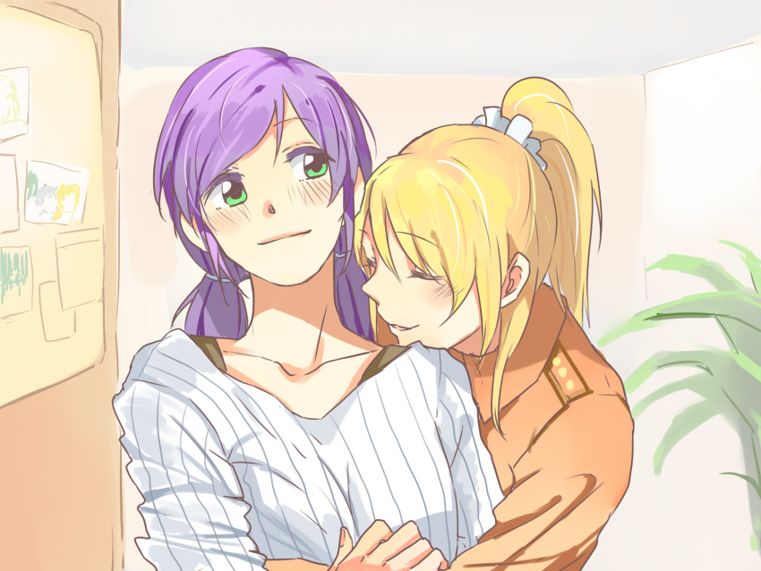 2girls ayase_eli blonde_hair casual collarbone collared_shirt green_eyes hair_ornament hair_scrunchie highres hug knightym22 long_hair looking_at_another love_live! love_live!_school_idol_project low_twintails multiple_girls picture_(object) plant ponytail purple_hair ribbed_shirt scrunchie shirt smile toujou_nozomi twintails upper_body white_scrunchie yuri