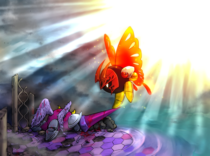 2boys angel_wings blood bug butterfly butterfly_wings commentary_request galacta_knight highres horns injury insect kirby:_star_allies kirby_(series) lance light morpho_knight multiple_boys polearm reironsenzai ruins shoulder_pads spoilers sword weapon white_eyes wings