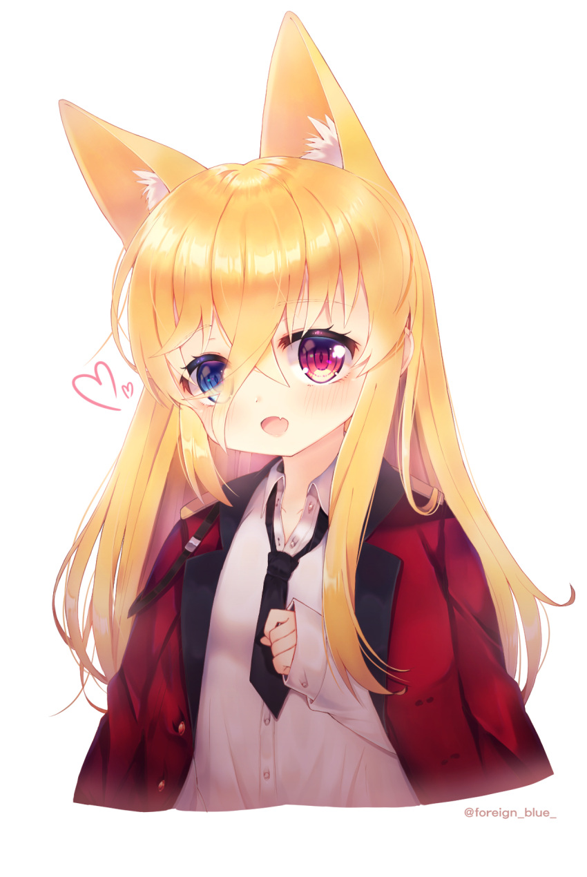 1girl :d animal_ears bangs black_neckwear blonde_hair blue_eyes blush cat_ears collared_shirt commentary_request cropped_torso dress_shirt eyebrows_visible_through_hair fang foreign_blue g41_(girls_frontline) girls_frontline hair_between_eyes head_tilt heart heterochromia highres jacket korean_commentary long_hair long_sleeves looking_at_viewer necktie open_clothes open_jacket open_mouth red_eyes red_jacket shirt short_necktie simple_background sleeves_past_wrists smile solo twitter_username very_long_hair white_background white_shirt