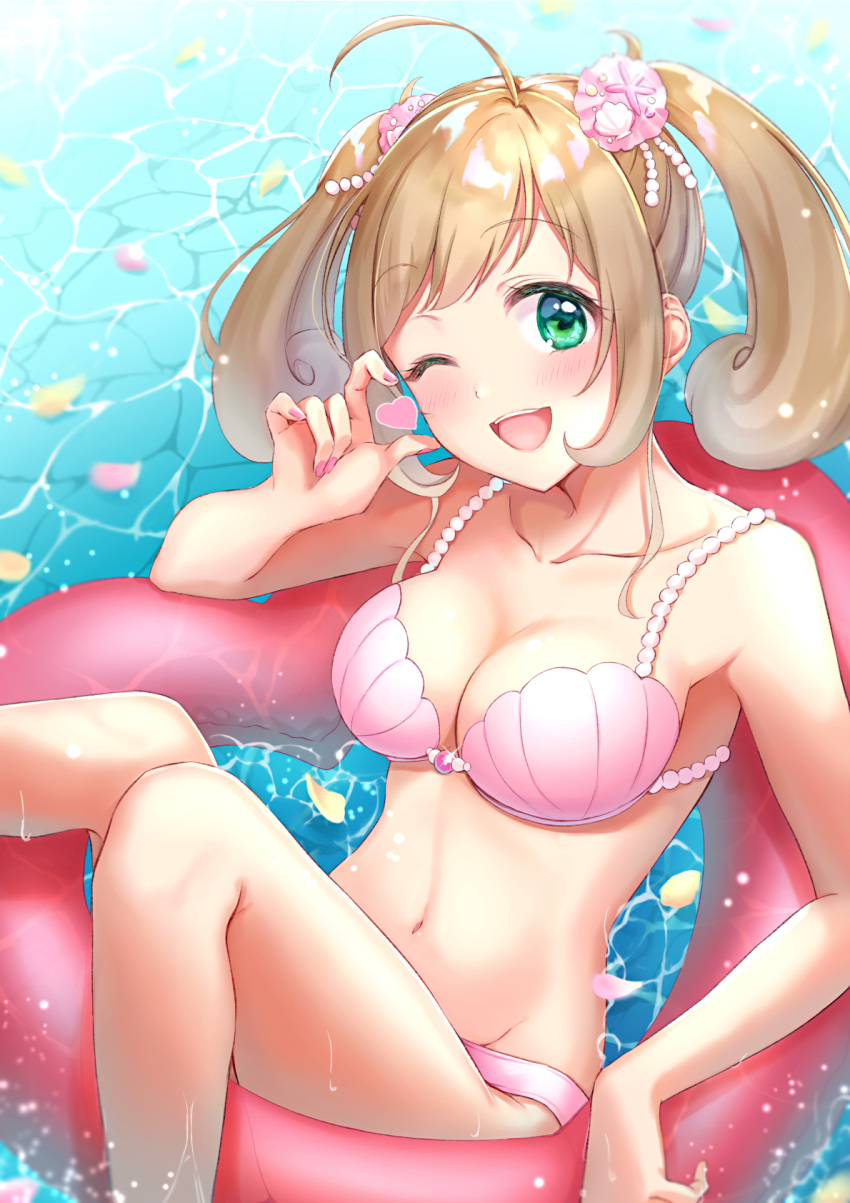 1girl ;d ahoge anoa arm_up armpits bangs bare_arms bare_shoulders bikini breasts brown_hair cleavage collarbone day eyebrows_visible_through_hair green_eyes hair_ornament head_tilt heart highres idolmaster idolmaster_cinderella_girls innertube large_breasts looking_at_viewer nail_polish navel one_eye_closed open_mouth parted_bangs pearl petals petals_on_liquid pink_bikini pink_nails reclining satou_shin shell shiny shiny_hair short_hair sidelocks smile solo stomach swimsuit tareme twintails upper_teeth water wet