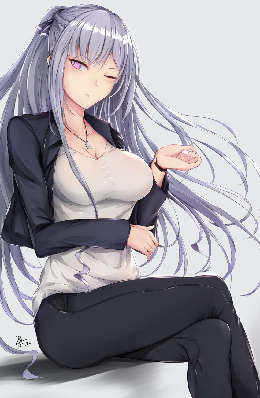 1girl absurdres ak-12_(girls_frontline) alternate_costume arm_across_waist bangs blush braid breasts casual cleavage closed_mouth collarbone collared_jacket cropped_jacket dated dog_tags eyebrows_visible_through_hair french_braid girls_frontline grey_background grey_jacket grey_pants hair_ribbon half-closed_eye hand_up highres jacket jewelry legs_crossed long_hair long_sleeves looking_at_viewer medium_breasts necklace one_eye_closed open_clothes open_jacket pants ponytail ribbon shirt sidelocks signature silver_hair simple_background sitting smile solo very_long_hair violet_eyes watch watch white_shirt zhishi_ge_fangzhang