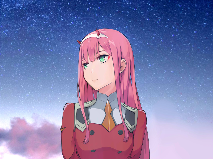1girl absurdres darling_in_the_franxx from_below green_eyes hairband highres looking_to_the_side mustbe_2 necktie orange_neckwear outdoors pink_hair short_necktie sky solo star_(sky) starry_sky uniform upper_body white_hairband zero_two_(darling_in_the_franxx)