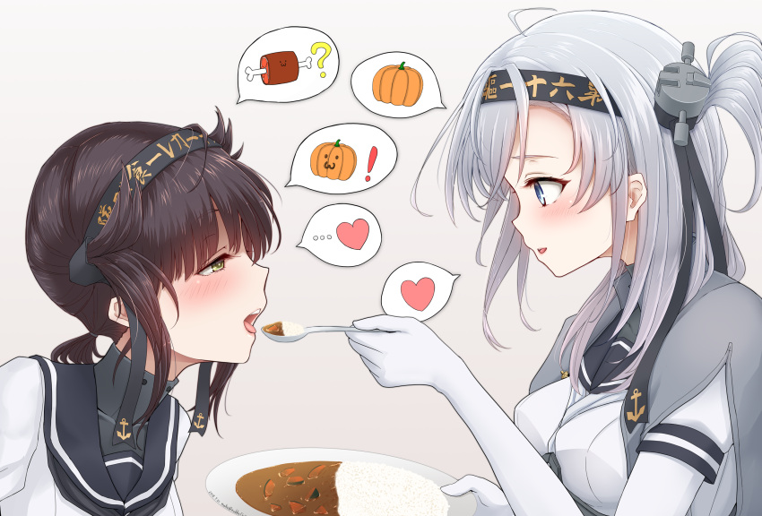 2girls anchor_symbol black_bodysuit black_gloves black_headband black_sailor_collar blush bodysuit breasts clothes_writing commentary_request eating feeding food gloves grey_jacket hachimaki hair_between_eyes hair_flaps hairband hatsuzuki_(kantai_collection) headband heart highres jacket kantai_collection long_hair looking_at_another medium_breasts multiple_girls neckerchief nuka_(nvkka) one_side_up open_mouth plate sailor_collar school_uniform serafuku silver_hair spoken_heart spoon suzutsuki_(kantai_collection) white_bodysuit white_gloves white_neckwear