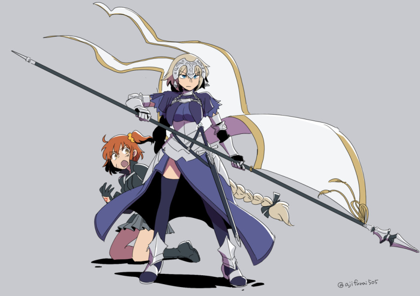 2girls armor armored_boots armored_dress asaya_minoru bangs black_bow black_footwear black_gloves black_jacket blue_eyes boots bow braid breasts brown_eyes chains command_spell commentary dress eyebrows_visible_through_hair fate/apocrypha fate/grand_order fate_(series) flag fujimaru_ritsuka_(female) gauntlets gloves grey_background grey_skirt hair_between_eyes hair_bow hair_ornament hair_scrunchie headpiece holding holding_flag jacket jeanne_d'arc_(fate) jeanne_d'arc_(fate)_(all) knee_boots kneeling light_brown_hair long_hair medium_breasts multiple_girls one_side_up orange_hair orange_scrunchie pleated_skirt polar_chaldea_uniform purple_dress purple_legwear scrunchie skirt standard_bearer standing thigh-highs twitter_username v-shaped_eyebrows very_long_hair white_flag