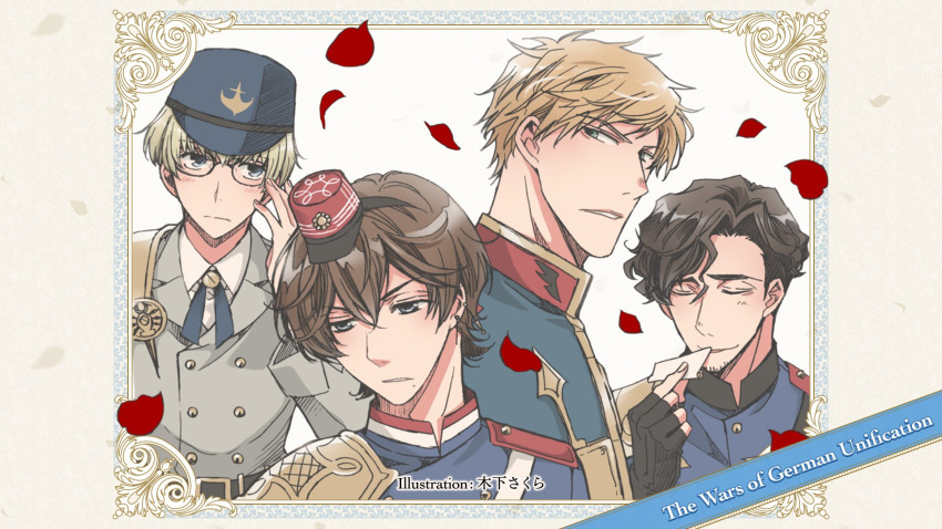 4boys black_gloves blonde_hair blue_eyes brown_hair buttons chassepot_(senjuushi) closed_eyes dreyse_(senjuushi) earrings fingerless_gloves frown glasses gloves green_eyes grey_eyes hat high_collar highres jewelry kinoshita_sakura lorentz_(senjuushi) male_focus military military_hat military_uniform mole mole_under_mouth multiple_boys official_art orange_hair petals rose_petals senjuushi:_the_thousand_noble_musketeers short_hair shoulder_armor tabatiere_(senjuushi) uniform