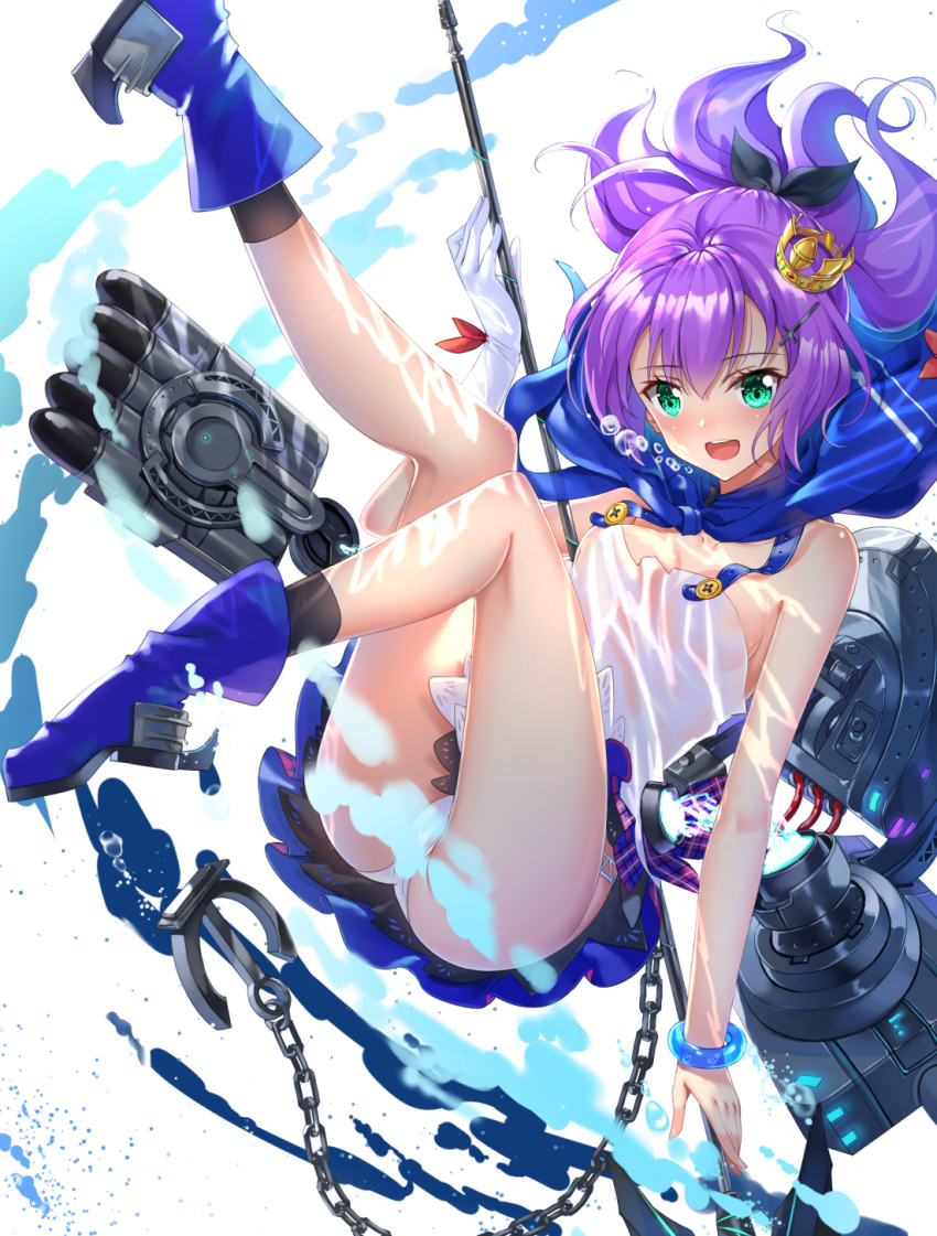 1girl :d air_bubble anchor arm_up ass azur_lane bangs bare_shoulders black_legwear black_ribbon boots breasts bubble camisole chains commentary_request crown eyebrows_visible_through_hair gloves green_eyes hair_between_eyes hair_ribbon highres javelin javelin_(azur_lane) legs_up looking_at_viewer machinery medium_breasts mini_crown open_mouth panties plaid plaid_skirt pleated_skirt ponytail purple_footwear purple_hair purple_skirt ribbon see-through single_glove skirt smile socks solo swordsouls torpedo underwater underwear wet wet_clothes white_camisole white_gloves white_panties