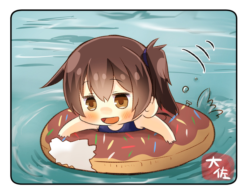 1girl artist_name blue_swimsuit brown_eyes brown_hair chibi commentary_request doughnut_innertube kaga_(kantai_collection) kantai_collection long_hair lying on_stomach open_mouth school_uniform side_ponytail smile solo swimsuit taisa_(kari) water