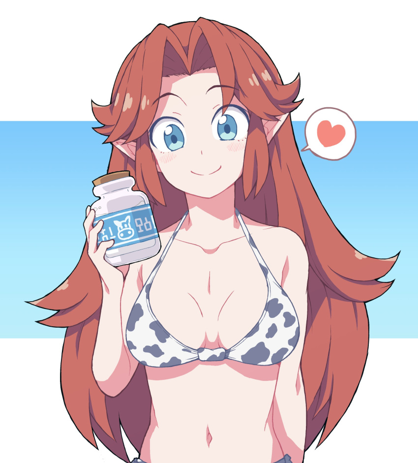1girl absurdres bikini blue_eyes breasts brown_hair heart highres jar large_breasts long_hair malon milk nazonazo_(nazonazot) pointy_ears smile swimsuit the_legend_of_zelda the_legend_of_zelda:_ocarina_of_time