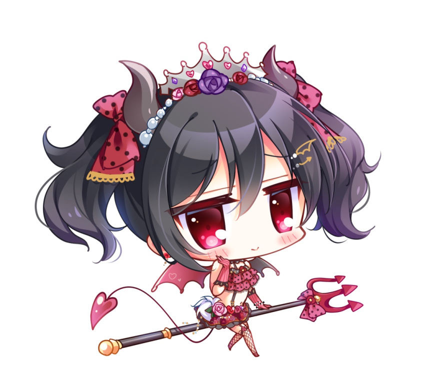 1girl bangs bare_shoulders big_head black_hair blush bow chibi closed_mouth curled_horns demon_girl demon_horns demon_tail demon_wings elbow_gloves eyebrows_visible_through_hair fishnet_legwear fishnets floral_print flower full_body gloves grey_wings hair_between_eyes hair_bow hair_flower hair_ornament hand_up horns looking_at_viewer love_live! love_live!_school_idol_project midriff navel pink_flower pink_gloves pink_rose pleated_skirt polearm polka_dot polka_dot_bow print_skirt purple_flower purple_rose red_bow red_eyes red_flower red_rose red_skirt rose rose_print ryuuka_sane sidelocks simple_background skirt smile solo striped tail thigh-highs tiara trident twintails vertical-striped_gloves vertical_stripes weapon white_background wings yazawa_nico